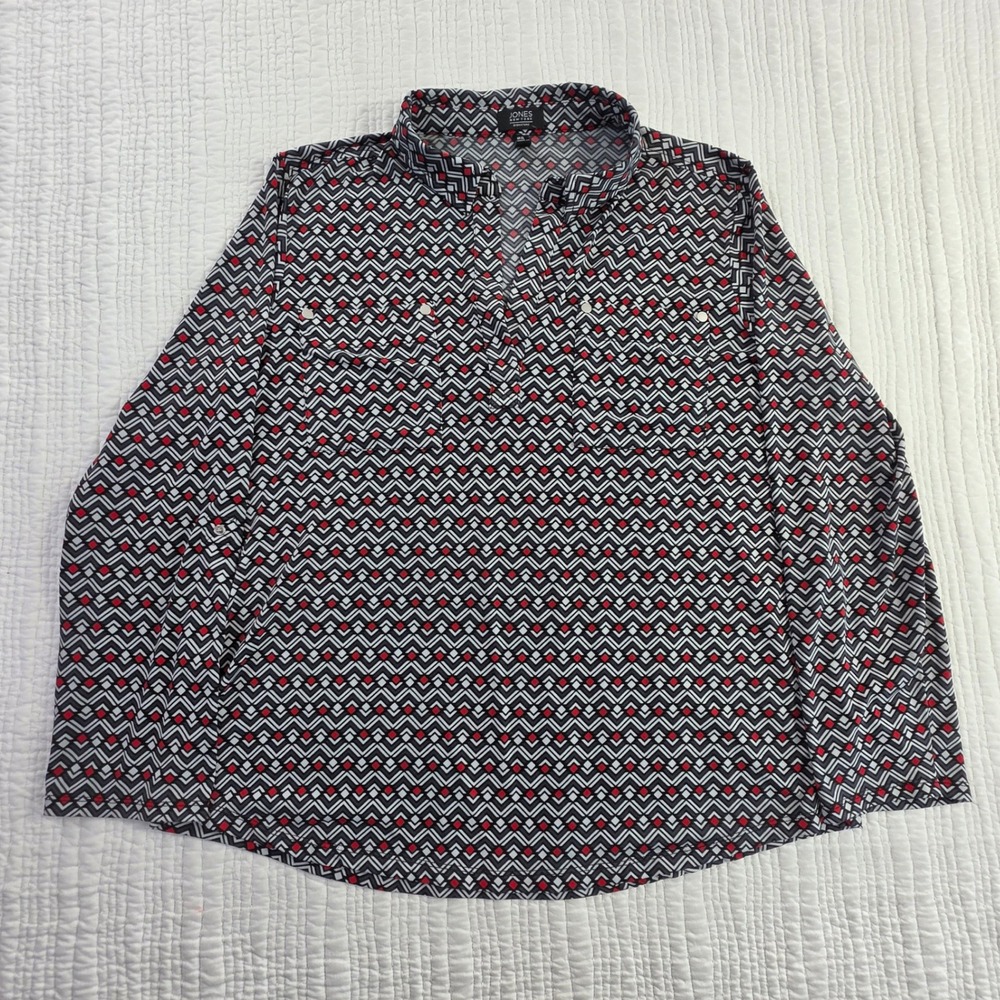 Jones New York Signature Blouse XL Red Black Geometric Stretch Jersey V-Neck